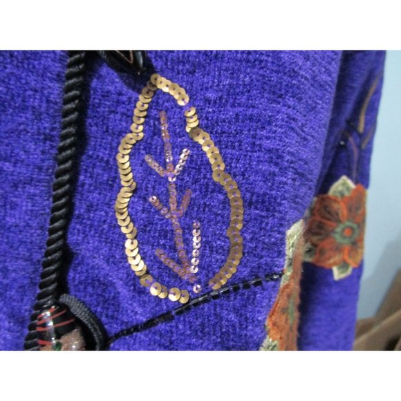 Purple Chenille Glass Applique Embroidered Beaded Sequin Wearable Art Jacket L - Picture 12 of 16